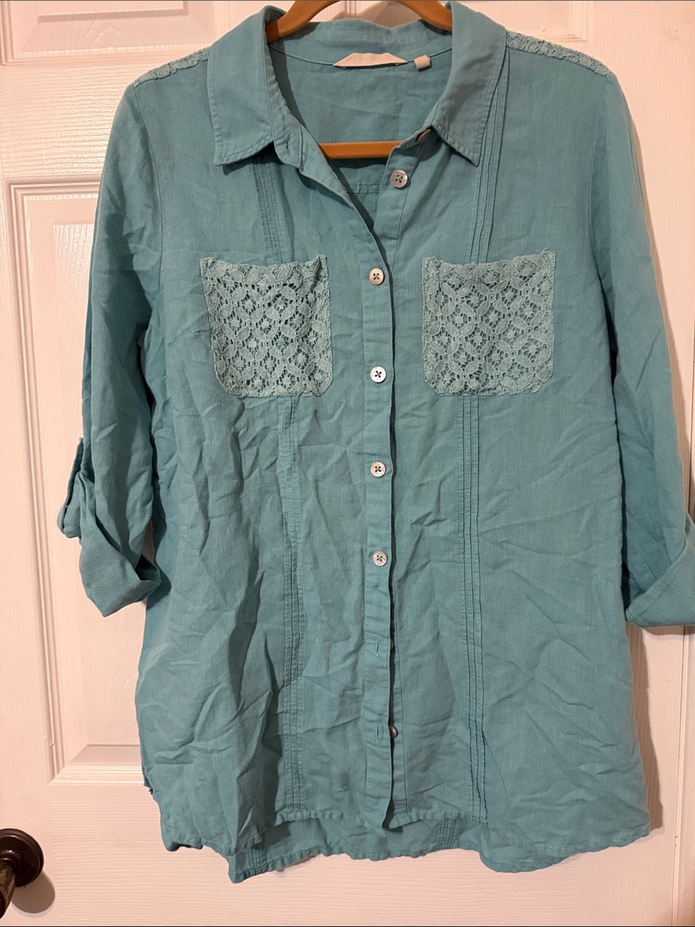 Soft Surroundings Teal Lace-Pocket Button-Down Shirt